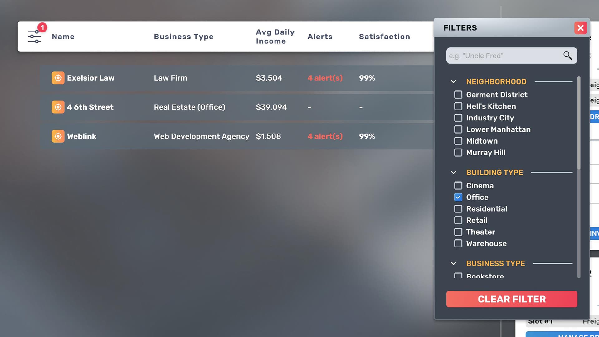 Big Ambitions employee management and filtering interface