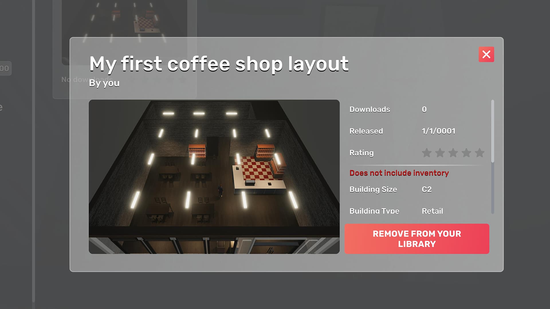 Official Big Ambitions Workshop blueprints interface used for fast food layout planning